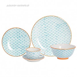 Nicola Spring 30 Stück Hand Printed Dinner Set Patterned Porzellan Geschirr Teller Schüsseln Cups Untertassen Blau