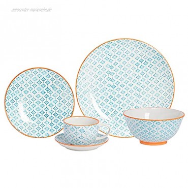 Nicola Spring 30 Stück Hand Printed Dinner Set Patterned Porzellan Geschirr Teller Schüsseln Cups Untertassen Blau