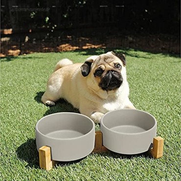 SPUNKYJUNKY Keramik Doppel Hund Futternapf mit Bambus Ständer für Katzen und Hunde 850ml Grau