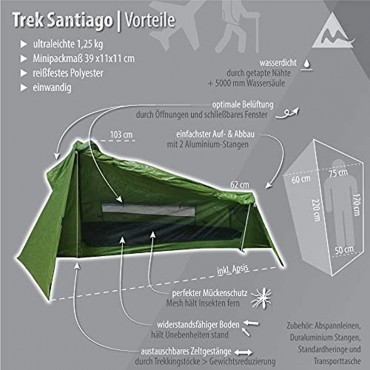 mapuera ultraleichtes Trekkingzelt Trek Santiago EIN-Personen-Zelt Ultraleicht kleines Packmaß EIN-Mann-Zelt Wanderzelt auch mit Trekkingstöcken aufstellbar das Leichtzelt für 1 Person