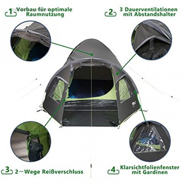 High Peak Kuppelzelt für 4 Personen mit Gaze-Eingang und Vorbau Hochwertige 190T Polyester PU Dunkelgrau-grün tragbares Zelt wasserdicht 4.000 mm einfacher und schneller Aufbau