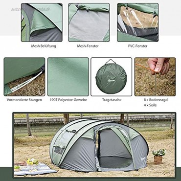Outsunny Zelt für 4-5 Personen Campingzelt mit Heringen Kuppelzelt Polyester B3 Gitter Glasfaser Dunkelgrün+Grau 263,5 x 220 x 123 cm