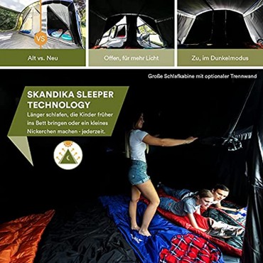 Skandika Tunnelzelt Montana für 8 10 12 Personen Camping Zelt | eingenähter Zeltboden Sleeper Technologie 2-4 Schwarze Schlafkabinen 5000mm Wassersäule Moskitonetze 4 Eingänge Familienzelt