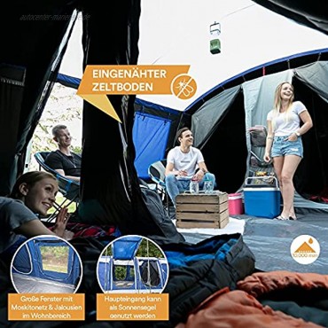 Skandika Tunnelzelt Montana für 8 10 12 Personen Camping Zelt | eingenähter Zeltboden Sleeper Technologie 2-4 Schwarze Schlafkabinen 5000mm Wassersäule Moskitonetze 4 Eingänge Familienzelt