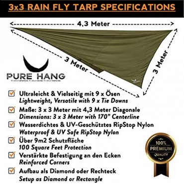 PURE HANG Premium Zeltplane Tarp 3x3 für Hängematte Outdoor Camping 100% Wasserdicht mit Ösen Sonnensegel Strand Ultra-Leicht Sonnenschutz UV Schutz Regenschutz