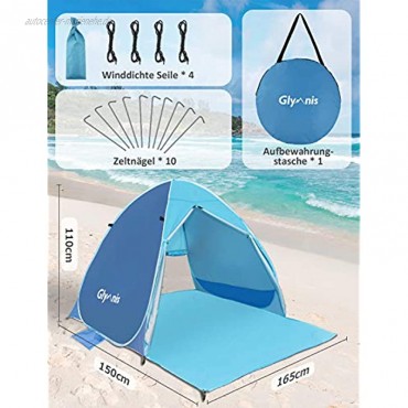 Glymnis Strandmuschel Pop Up Strandzelt mit Reißverschluss und Türvorhang UV-Schutz 50+ Windschutz Strand Zelt für 2-3 Personen Camping Strand Outdoor
