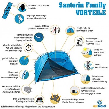 outdoorer große Strandmuschel zum Verschließen Santorin Family mit Alugestänge UV 80 Sonnenschutz-Zelt mit Moskitonetz und Belüftung XXL Strandzelt leicht kleines Packmaß für Reisen