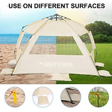 WhiteFang Deluxe XL Pop Up Strandzelt Sonnenschutz für 3-4 Personen UV-Schutz ausziehbarer Boden mit 3 belüfteten Fenstern plus Tragetasche Heringe und Abspannleinen Babyatem