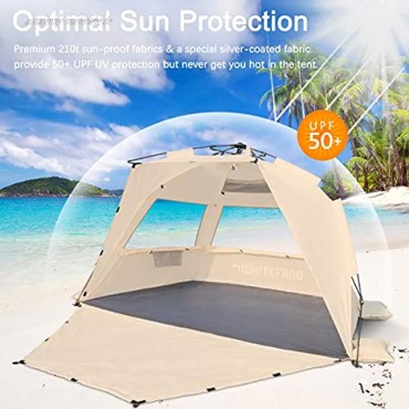 WhiteFang Deluxe XL Pop Up Strandzelt Sonnenschutz für 3-4 Personen UV-Schutz ausziehbarer Boden mit 3 belüfteten Fenstern plus Tragetasche Heringe und Abspannleinen Babyatem