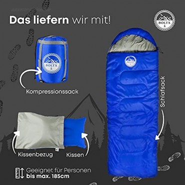 BOLTX Schlafsack Outdoor | Komfort 10-0 Grad | 210x75cm Blau | 3-4 Jahreszeiten Deckenschlafsack für Kinder und Erwachsene + gratis Reisekissen