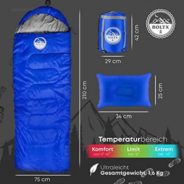 BOLTX Schlafsack Outdoor | Komfort 10-0 Grad | 210x75cm Blau | 3-4 Jahreszeiten Deckenschlafsack für Kinder und Erwachsene + gratis Reisekissen