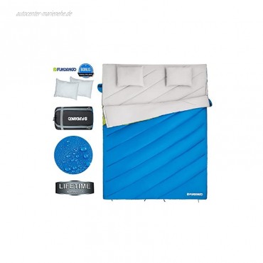 FUNDANGO Doppelschlafsack für 2 Personen für Erwachsene kompakt wasserdicht warm für Camping Rucksackreisen Wandern Übergröße XL mit Tragetasche und 2 Kissen