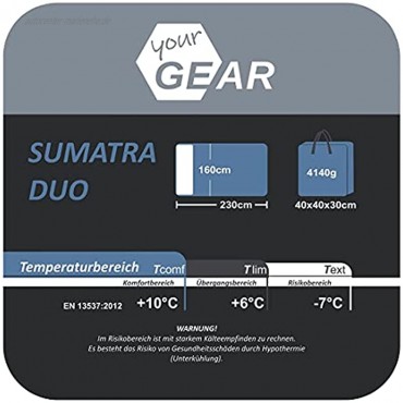 your GEAR 2 Mann Schlafsack Sumatra Duo -7°C Doppel Deckenschlafsack 230x160cm Futter aus 100% Baumwolle Blau Grau