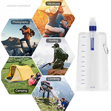 Lixada Trinkblase 1000ml Zusammenklappbare Wasserflasche mit Filter Wasserfilter Trinkblase für Camping Wandern Rucksack