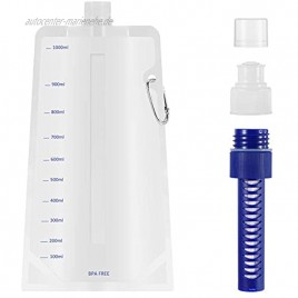 Lixada Trinkblase 1000ml Zusammenklappbare Wasserflasche mit Filter Wasserfilter Trinkblase für Camping Wandern Rucksack