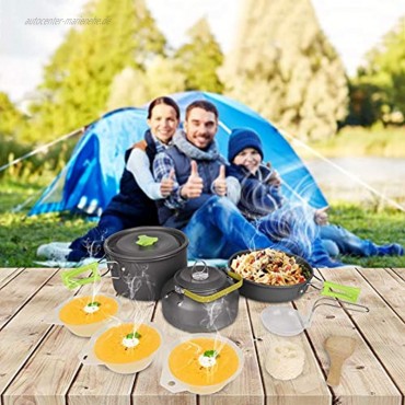 OUTHIKER Camping Kochgeschirr Set 9-teiliges Outdoor Campingtöpfe Kit Tragbar Geschirr Kochset Aluminium Kochtopf Töpfen Pfanne für Rucksackreisen Wandern